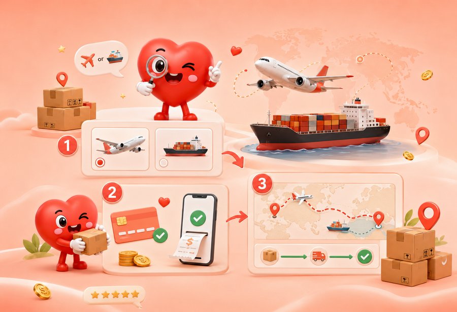 International shipping: choose air or sea, pay the estimated fee, and track
